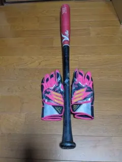 ヴィクタス　軟式　ピンク　バット＆　アディダス　バッティング手袋