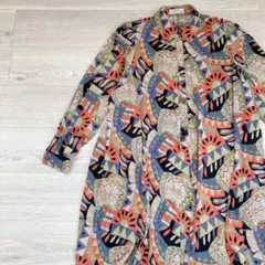 古着 natalie 総柄 ポリシャツ ロング丈 長袖 レトロ お洒落