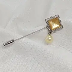 アンティーク風　あこや真珠　イエロー　SV　ピンブローチ　ペンダントトップ