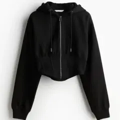 H&M 黒 フード付き クロップド スウェットパーカー コルセットスタイル