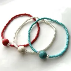 アジアン ハンドメイド ビーズブレスレット レッド/ホワイト/ブルー 推しカラー