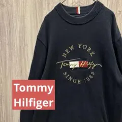 【美品】Tommy Hilfiger 高級長袖ニット 刺繍ロゴ ネイビー 古着L