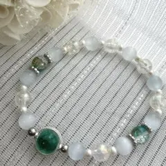 青緑色天然石とパールのビーズブレスレットシルバー「30」