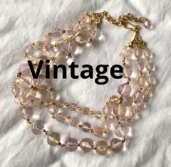 ビンテージ　ピンク　ゴールド　ビーズネックレス　ボリューム　3連