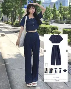 スクエアネックトップス×ワイドパンツデニムセットアップ
