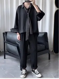 メンズ トップス ネクタイシャツ ブラック 長袖 モード