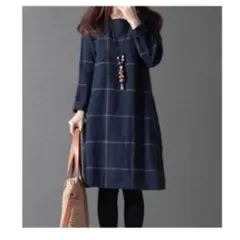 値下げ！新品☆ ゆるシルエット チェック柄 長袖 ワンピース ネイビー 紺 Ｌ