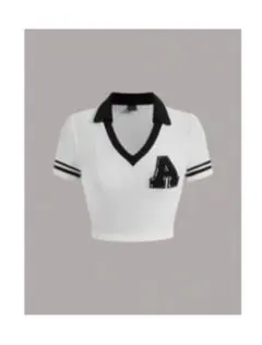 リブ編みホワイトクロップドポロシャツ SHEIN