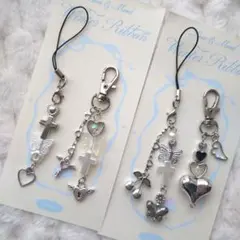 ビーズキーホルダー　韓国　y2k　ストラップ　シルバー　4点セット