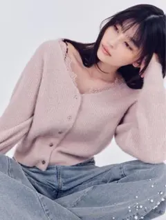 【美品】FRAY I.D フォックスウールレーストリムカーディガン　ピンク