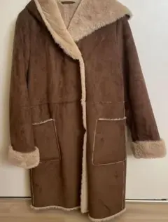 美品 レディース Ｍ ブラウン ムートンコート フード付き ファー コート