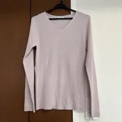 リブ編み長袖Vネックトップス ベージュピンクラメ入り