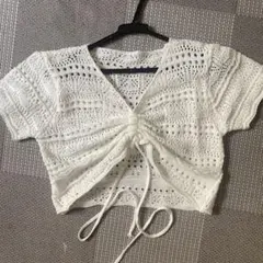 ホワイト クロシェ編み 半袖トップス M