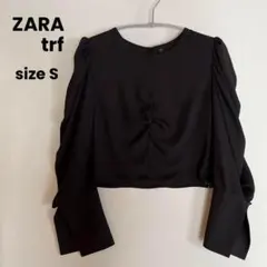 ZARA trf/パフスリーブ シアー カットソー クロップド丈 ブラック【S】