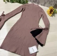 【新品未使用】ミシェルマカロン リブニットワンピース XS 袖リボン×レースＸＳ