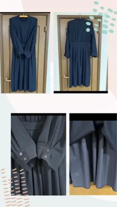 PLST ネイビー 長袖ひざ丈ワンピース 40