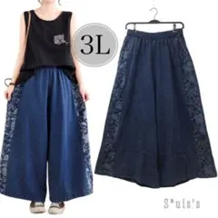 ★★ｇ472☆3L☆花柄 切替 ワイドデニムパンツ