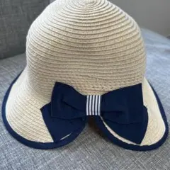 リボン付き麦わら帽子 ベージュ/ネイビー