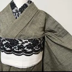 着物　深緑　モスグリーン　紬　単衣　上品　裄67 居敷あて付きのサムネイル