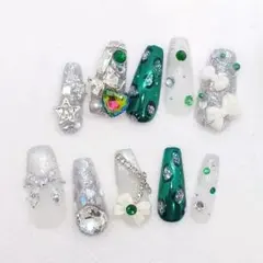 ハンドメイド★ネイルチップ★ロングバレリーナ★キッズネイル★グリーン★ギャル