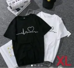 新品❤レディース XL ハート柄モノトーン半袖Tシャツ ブラック♡