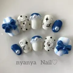 お色変更＆サイズ変更無料♪ ベリーショート　水色リボンの青いリボンネイル♡