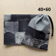 給食セット 巾着&ランチョンマット デニムポケット＊ブラック＊片紐6