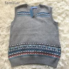 【美品】 familiar 120 コットン ベスト グレー ブルー ニット 車