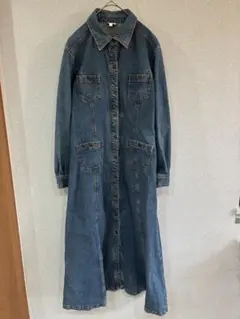 デニムシャツワンピース ロング丈 長袖 ブルー カジュアル　ワンピース Lサイズ