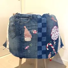 ハンドメイド デニムリメイク バッグ サロペット レトロアニマル 楕円