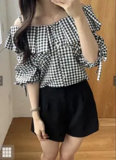 GRL ギンガムチェック柄オフショルダーフリルブラウス ブラック