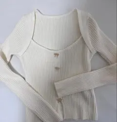 SHEIN アイボリー リブ編み リボン 長袖トップス