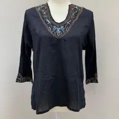 サウスドライブ 刺繍チュニック ビーズ 黒 M 綿100% アサクラのサムネイル