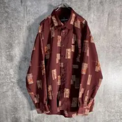 【一点物】レトロ総柄シャツ 幾何学柄 ブラウン系 L ゆるだぼ 古着