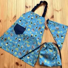 巾着セット★ 子供エプロン 120 〜 130 三角巾セット☆ 虫さん♪水色系