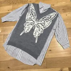 【iS scolar】✳︎かわいい蝶々デザイン重ね着風ストライプ柄シャツワンピ✳︎M