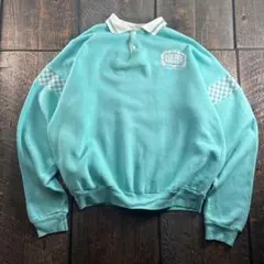古着　USA製　スウェットポロ　ハーフボタン　ミントグリーン　L 短丈太アーム.
