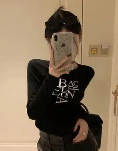 韓国 トップス 黒 ロゴ ウィッシュコア