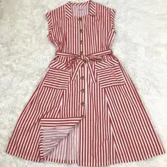 ビームスボーイ ストライプ ウエストリボン シャツワンピース フレンチスリーブ