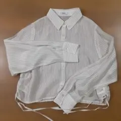【美品】ホワイトストライプ 長袖シアーシャツ 　Lサイズ