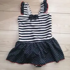 女の子用ワンピース水着 ストライプ・ドットネイビー