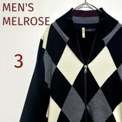 【匿名配送】メンズメルローズ カーディガン ジップアップニット アーガイル柄 黒