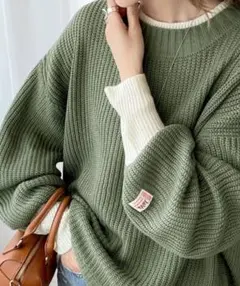 グリーン バルーンスリーブ ニット