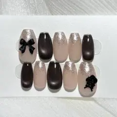 【現品】ネイルチップ リボン 黒 ブラウン ショートバレリーナ マグネットネイル