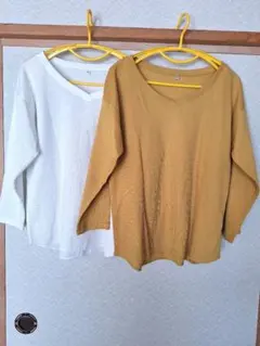 リブ編み Vネック 長袖トップス カットソー Lサイズ 2色セット