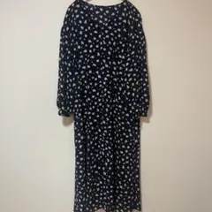 ネイビー 花柄 長袖 シャツワンピース