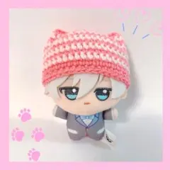 ちびぐるみ ぬい服 猫耳ボーダーニット帽 ピンク×白 ハンドメイド 編み物