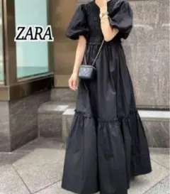 ZARA ポプリン パネルミディ ワンピース パフスリーブ サイズ Lブラック