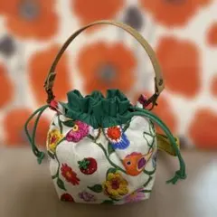 ハンドメイドポーチ　持ち手付き　巾着　花柄　小鳥