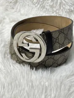美品　GUCCI GG柄 本革 レザーベルト　シルバーバックル イタリア製